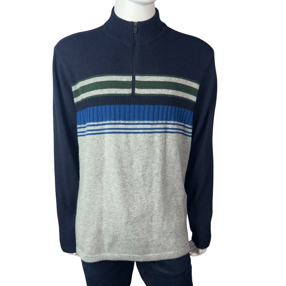 Eddie Bauer Mens Quarter Zip Sweater Navy Blue Gray‎ Stripe Wool Blend XL - Picture 2 of 8